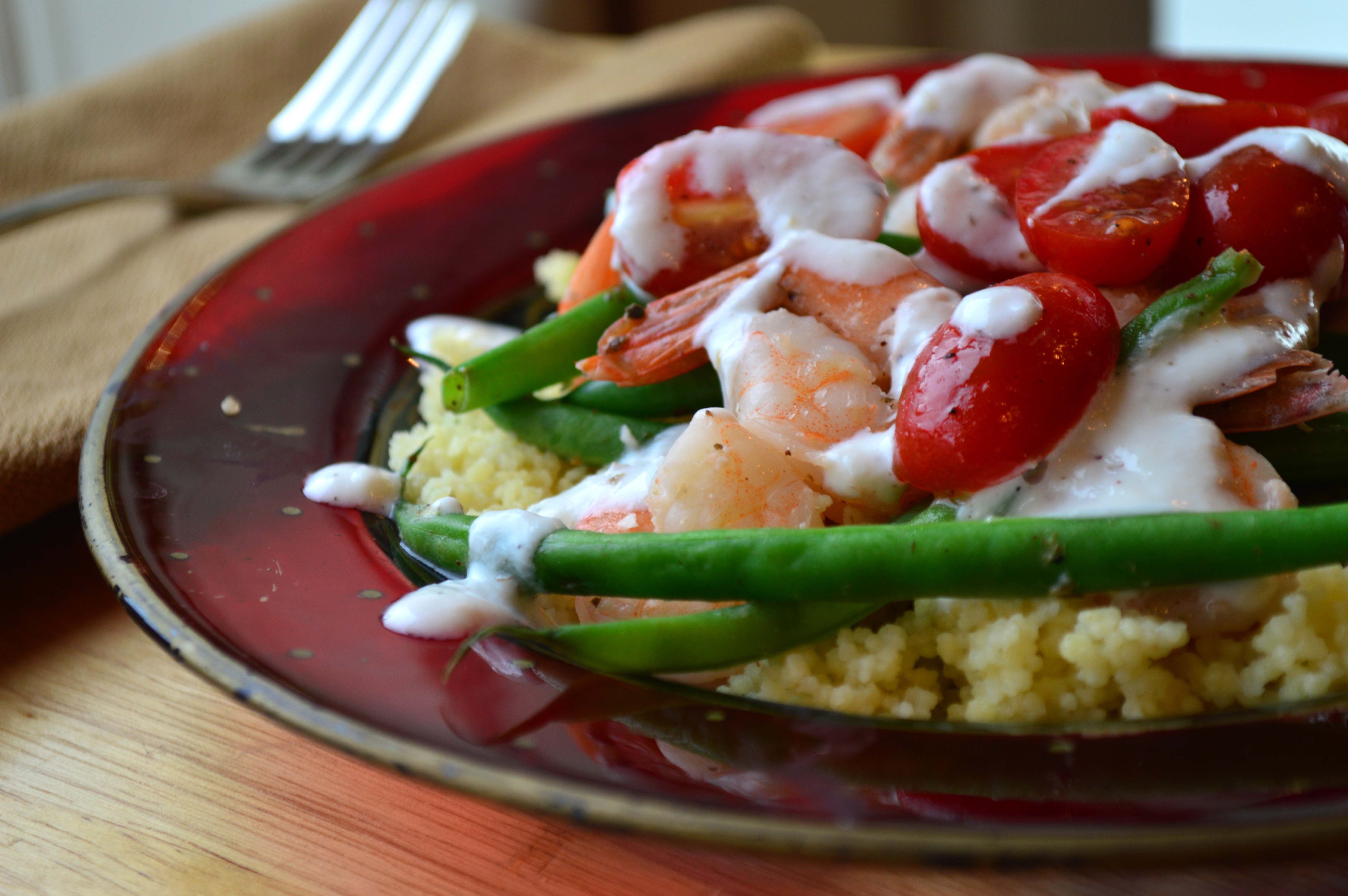 Shrimp & Green Beans with lemon garlic yogurt over couscous