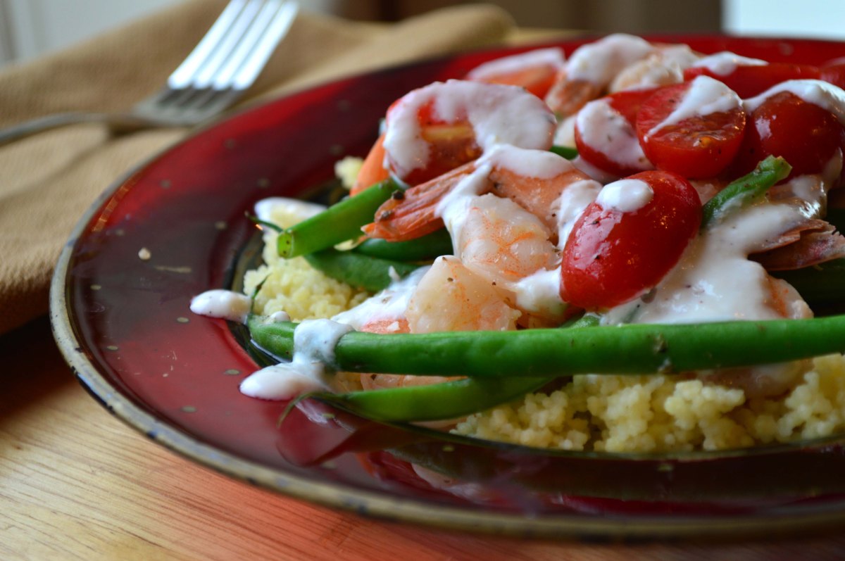 Shrimp & Green Beans with lemon garlic yogurt over couscous
